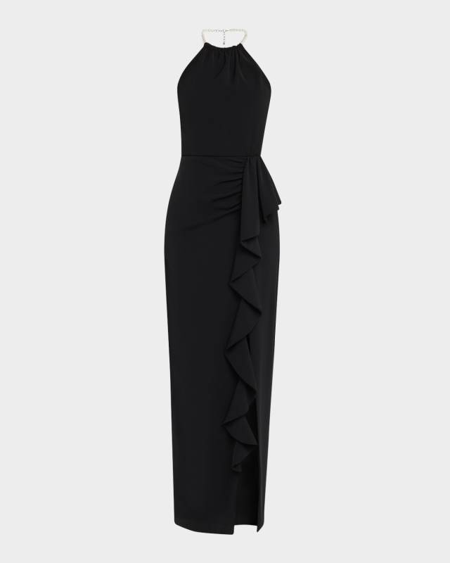 Erwen Beaded-Strap Ruffle Halter Gown